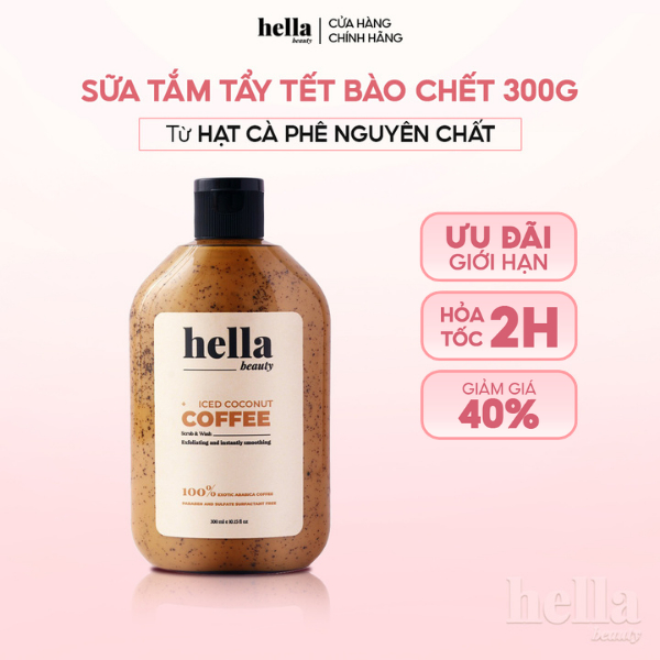 Sữa tắm tẩy tế bào chết hạt cà phê Hella Beauty 300ml