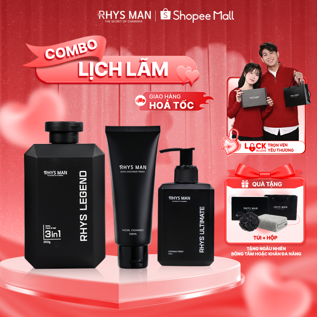 Bộ Quà Tặng Nam - Sữa tắm gội nam 350 ml & Sữa rửa mặt nam 100ml & Dung dịch vệ sinh 120ml RHYS MAN