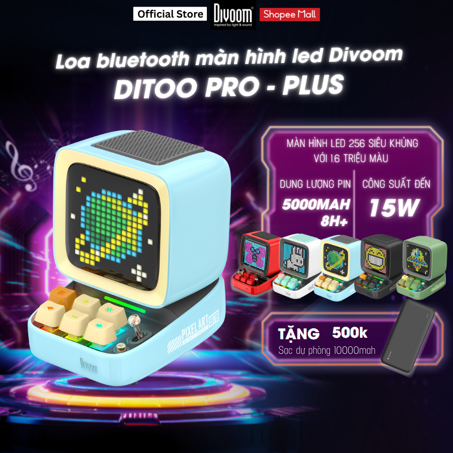 Loa Bluetooth DiToo Pro/ Plus Divoom, công suất đến 15W, màn hình LED 256 RGB 1.6 triệu màu đèn bàn 