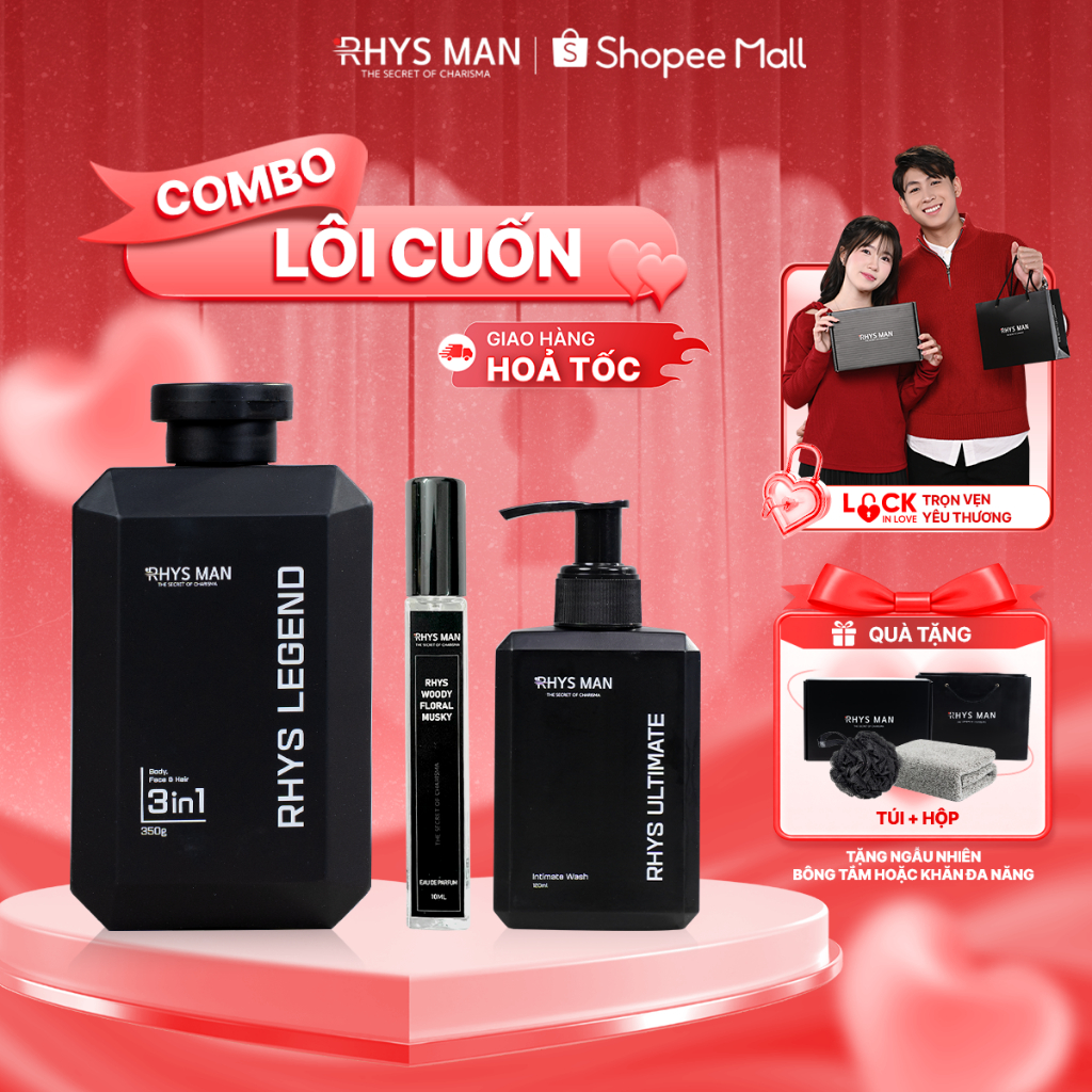 Bộ Quà Tặng - Sữa tắm gội 3in1 350ml, Dung dịch vệ sinh 120ml, Nước hoa nam 10ml RHYS MAN