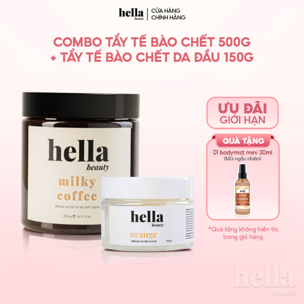 Combo tẩy tế bào chết body Hella Beauty 500g + Tẩy tế bào chết da đầu tinh chất quả cam Hella Beauty