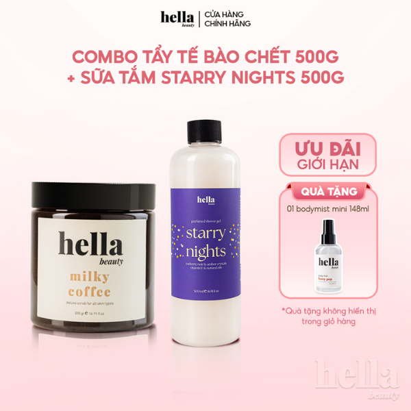 Combo tẩy tế bào chết cho body Hella Beauty 500g + Sữa tắm dưỡng ẩm mịn sạch sâu cho da Hella Beauty