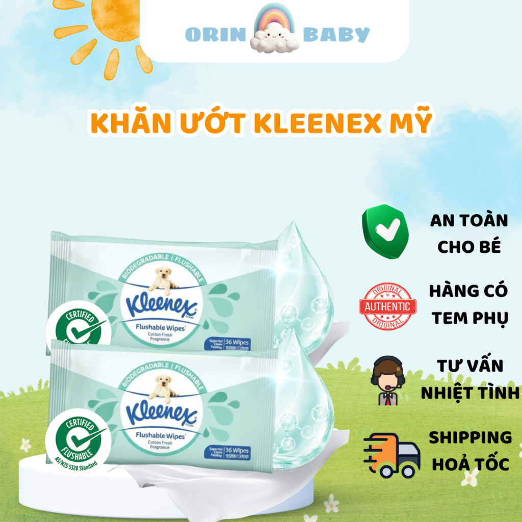 Khăn ướt Kleenex chính hãng, an toàn cho bé, có khả năng tự phân hủy - Orin Baby Store