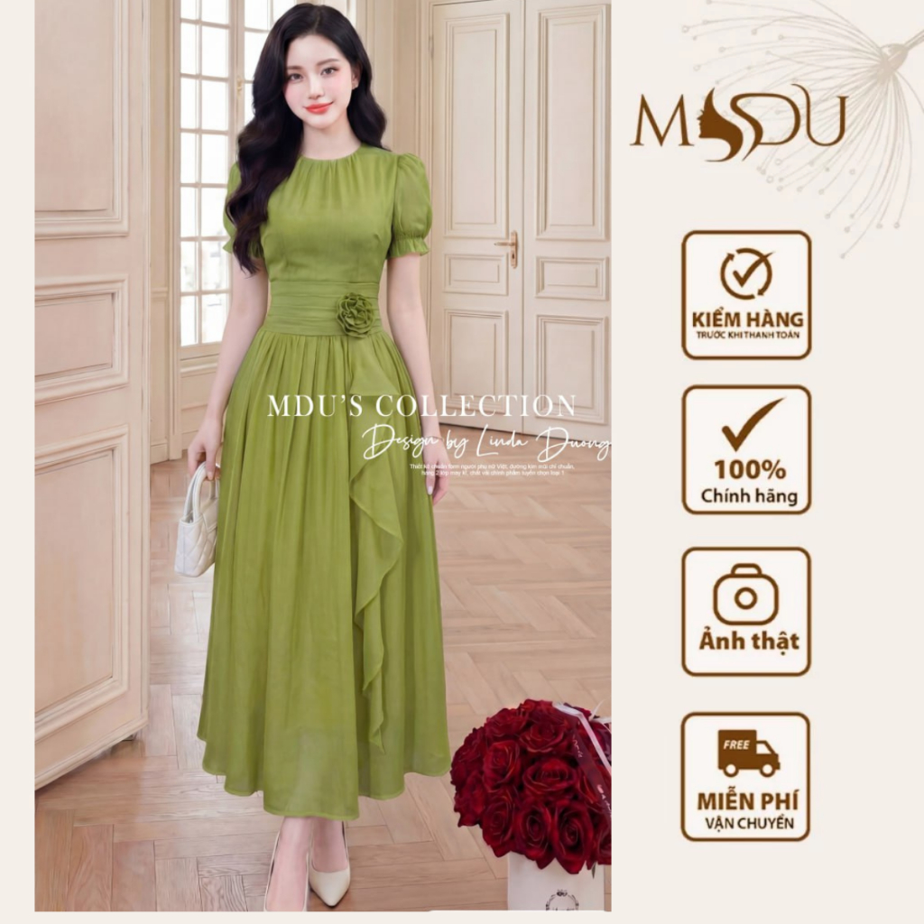 Váy Thiết Kế Công Chúa MDU5914 Tơ Óng Hàn Cao Cấp Xanh Cốm Chiết Ly Eo Đính Hoa Dáng Xòe Thanh Lịch