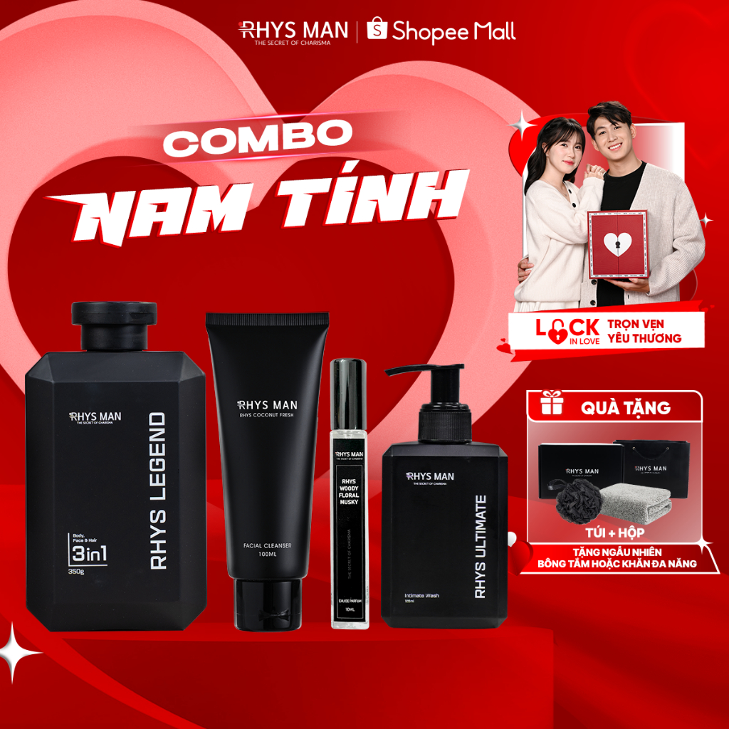 Combo Sữa tắm gội nam 3in1 & Sữa rửa mặt nam 100ml & Dung dịch vệ sinh 100ml & Nước hoa nam RHYS MAN