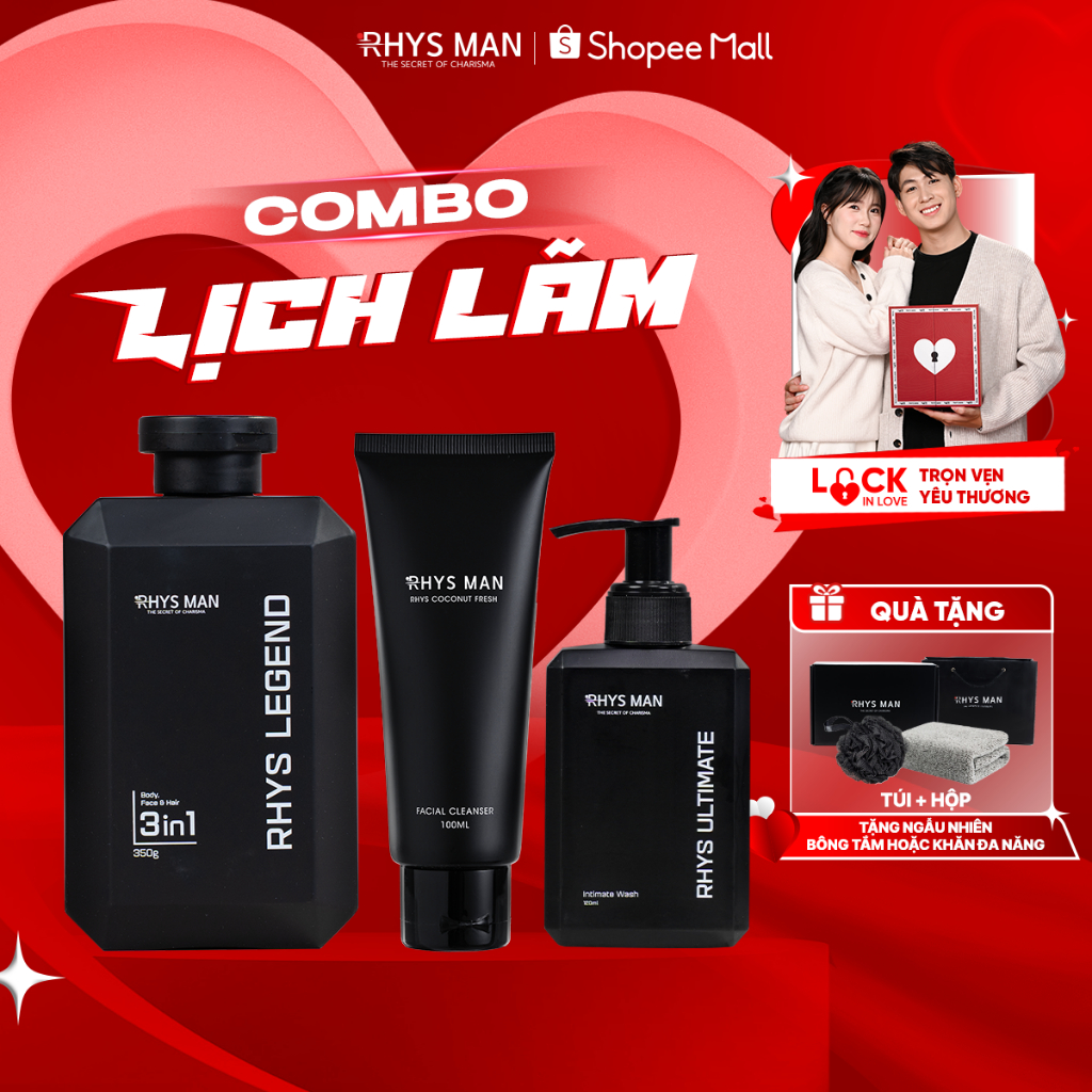Combo Sữa tắm gội nam hương nước hoa 350 ml & Sữa rửa mặt nam 100ml & Dung dịch vệ sinh 100ml RHYS M