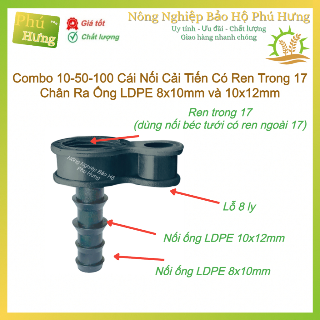 Combo 10, 50, 100 cái nối cải tiến có ren trong 17 ra ống PE 8 ly, 10 ly - Nông Nghiệp BH Phú Hưng