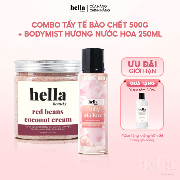 Combo tẩy tế bào chết body+ Bodymist hương nước hoa 250ml Hella Beauty