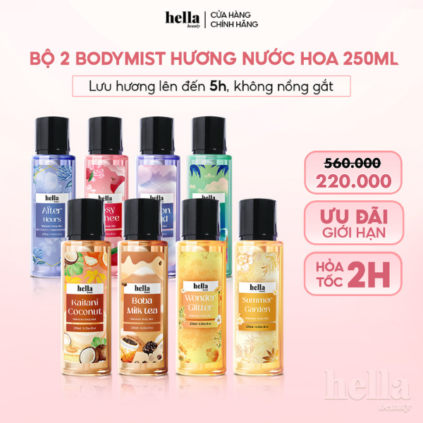 Bộ 2 xịt thơm body mist hương nước hoa Hella Beauty 250ml lưu hương lâu, an toàn cho da nhạy cảm