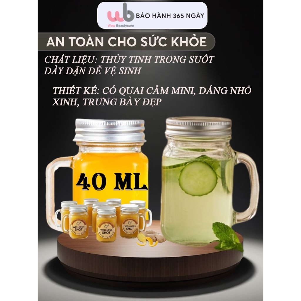 [KOL] Ly thủy tinh mini 40ml có quai cầm, nắp bạc – đựng espresso, ginger shot, nước ép mini.