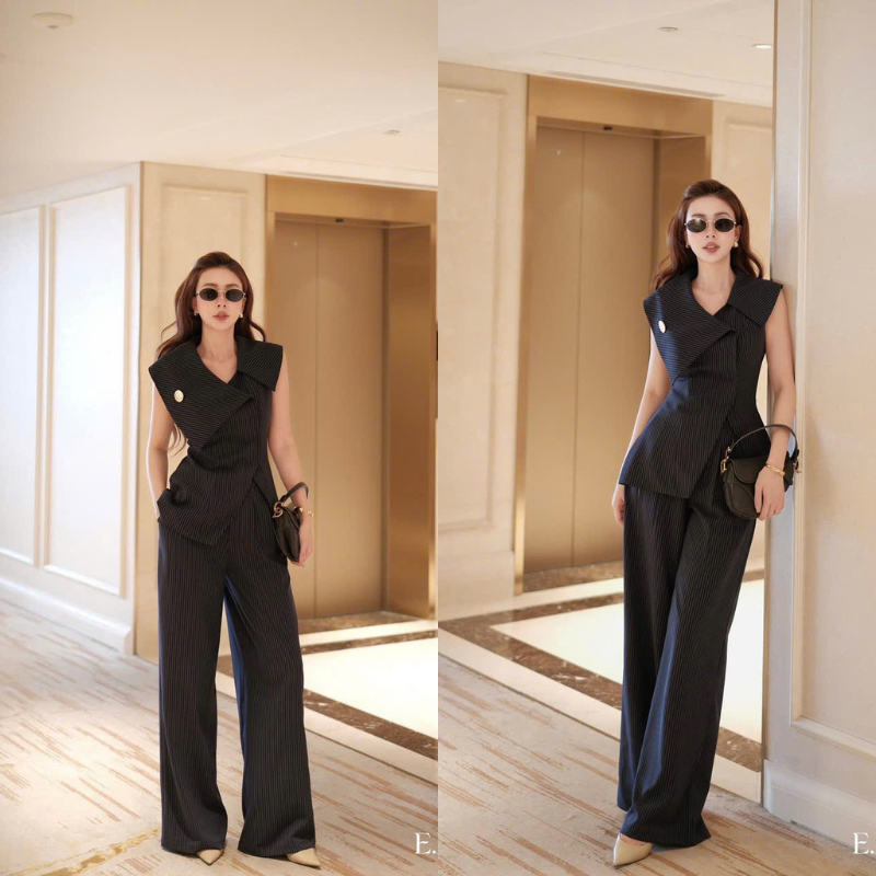 Set vest kẻ sọc nữ sát nách hiện đại mix quần ống rộng phong cách