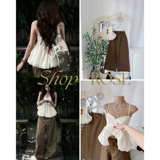 Set Áo Tơ Kem Nhún Bí 2S Voan Lưới Phối Phồng Ngực Xinh Xắn Kèm Quần Ống Suông Rộng Màu Nâu Siêu Sang Chảnh
