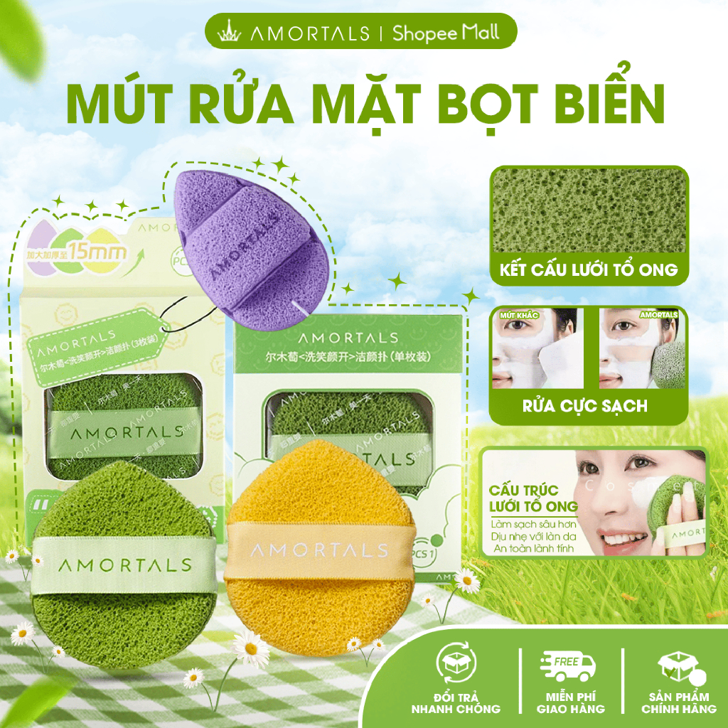 Bông Mút Rửa Mặt Bọt Biển AMORTALS - Bọt Rửa Mặt Giọt Nước Làm Sạch Da Mặt, Lau Mặt Nạ Bùn