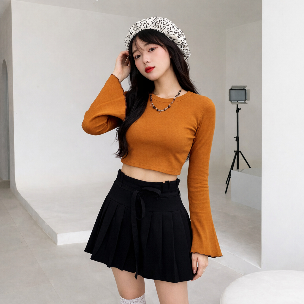 Áo croptop thun tay dài ôm dáng – tay loe cá tính – thun co giãn tốt