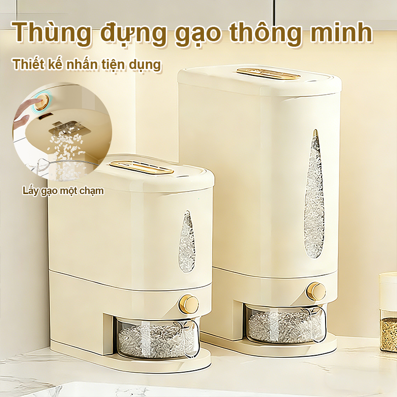 Thùng Đựng Gạo Thông Minh Chống Ẩm Và Chống Côn Trùng Màu Kem, Nút Ấn Lấy Gạo Tự Động