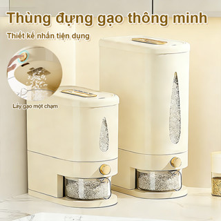 Thùng Đựng Gạo Thông Minh Chống Ẩm Và Chống Côn Trùng Màu Kem, Nút Ấn Lấy Gạo Tự Động