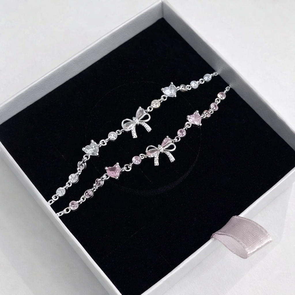 Lắc tay bạc PMJ vòng tay nữ mặt nơ xinh đính đá hồng cá tính PMJS0756L Phúc Minh Jewelry