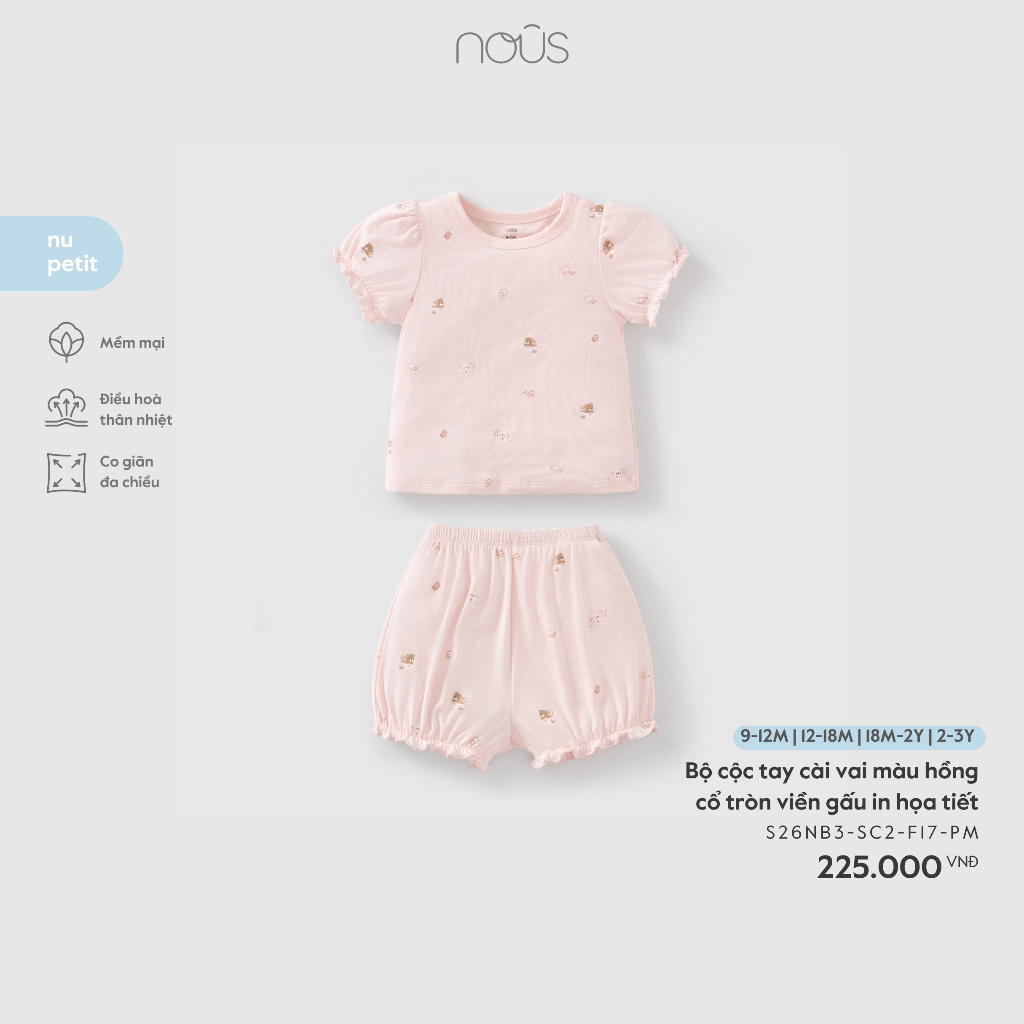 Nous Baby Bộ quần áo cộc cài thẳng in họa tiết dễ thương chất liệu cải tiền cho bé gái từ 8.5-15kg BST T3