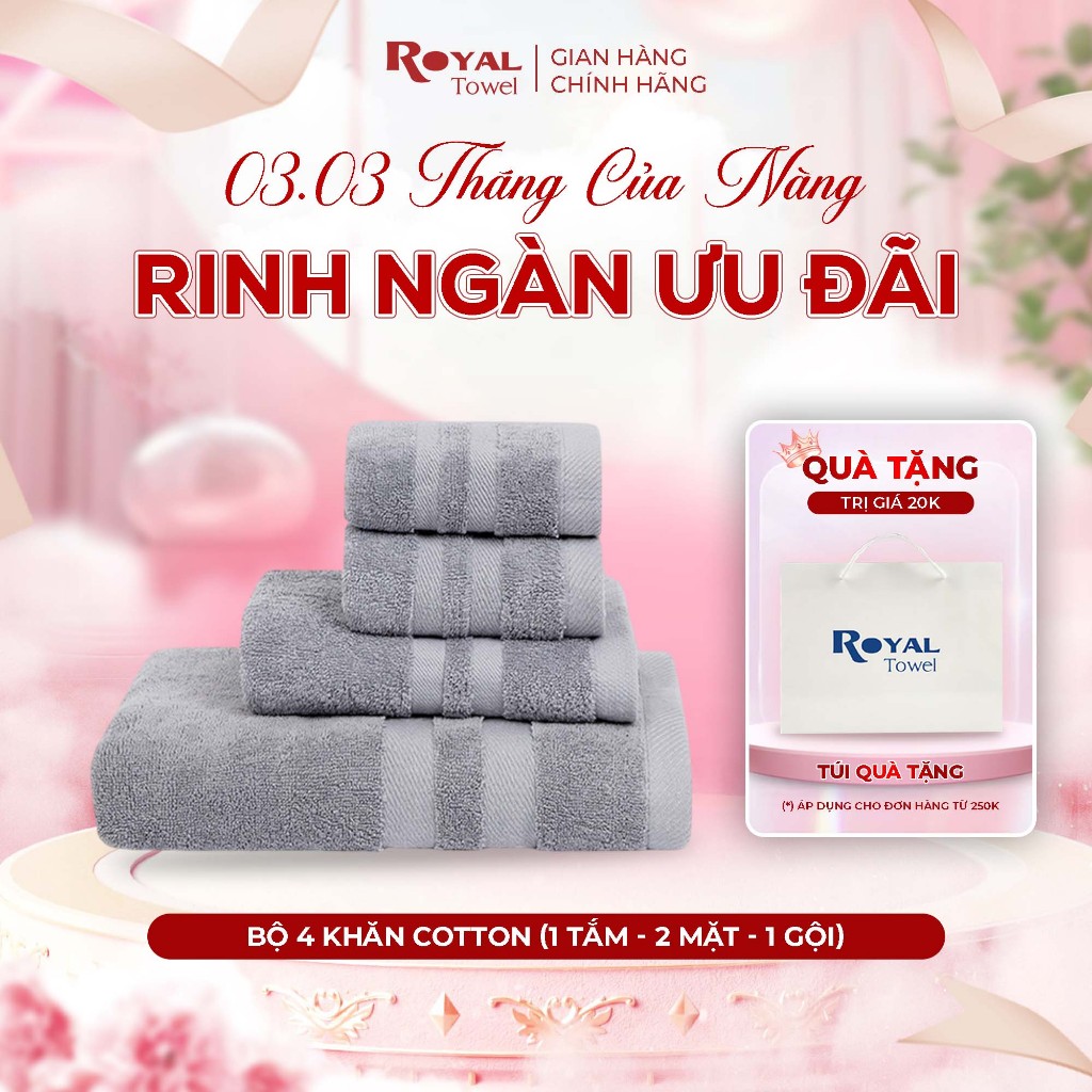 Combo 4 “Đủ Đầy” Gồm 2 Khăn Mặt – 1 Khăn Gội- 1 Khăn Tắm ROYAL TOWEL 100% Cotton Thấm Hút, Không Đổ Lông, Không Phai Màu