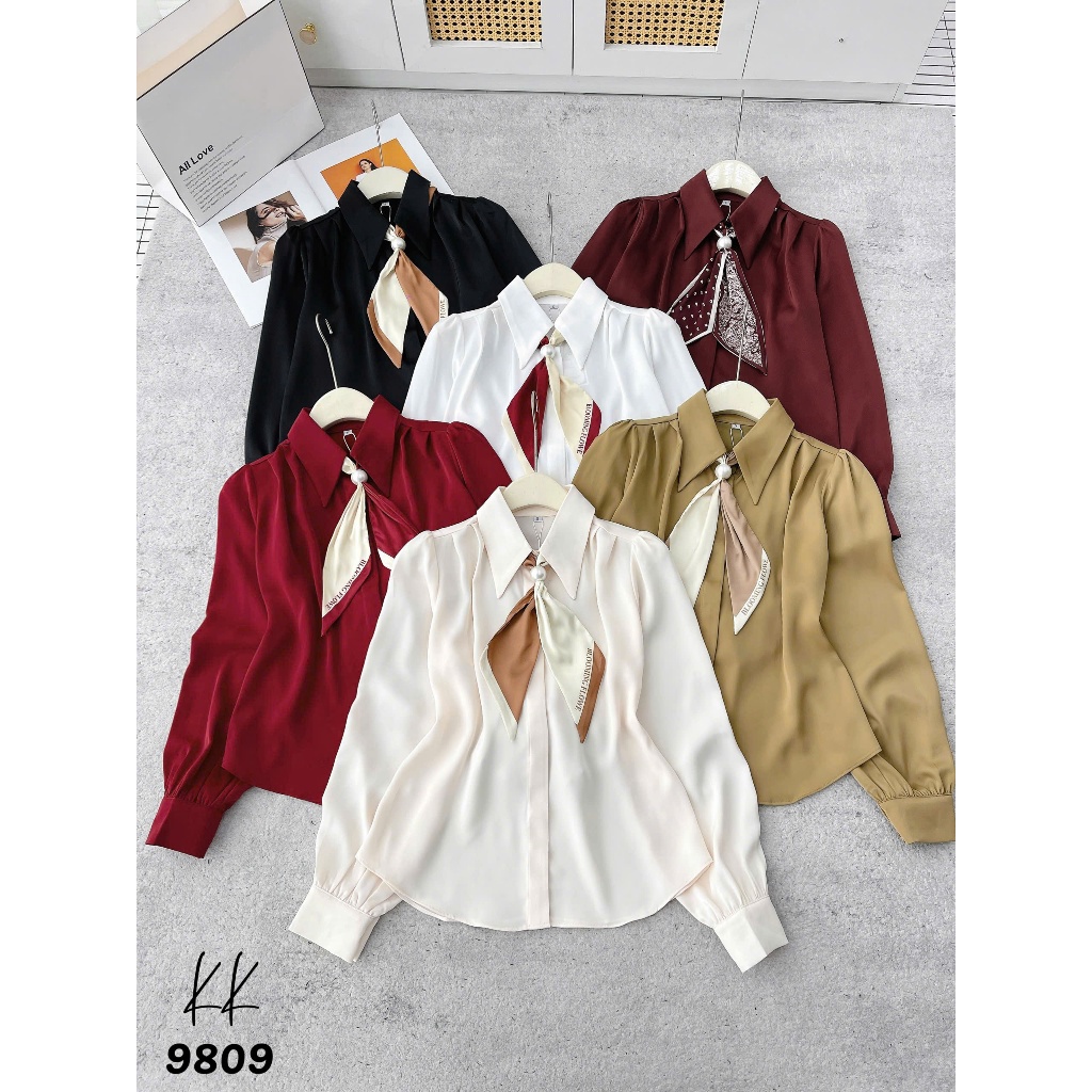 Áo sơ mi Cúc fashion áo sơ mi lụa QC kèm khăn  A9809