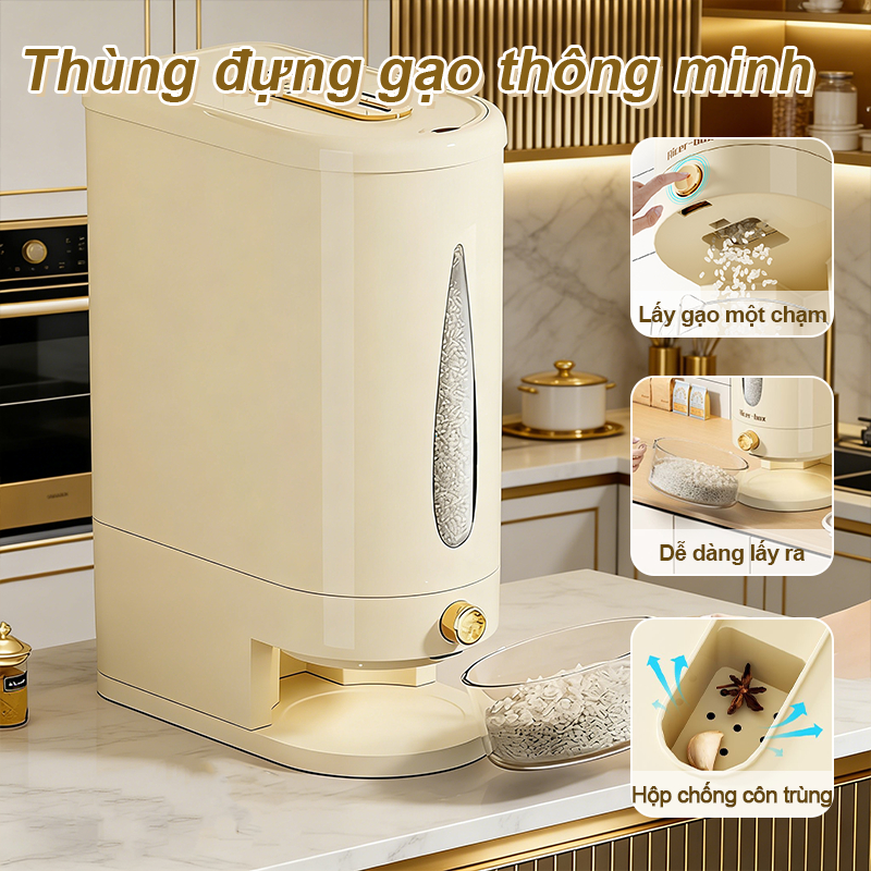 Thùng Đựng Gạo Thông Minh Chống Ẩm Chống Côn Trùng Dung Tích 5kg/10kg Màu Kem Có Cốc Đong
