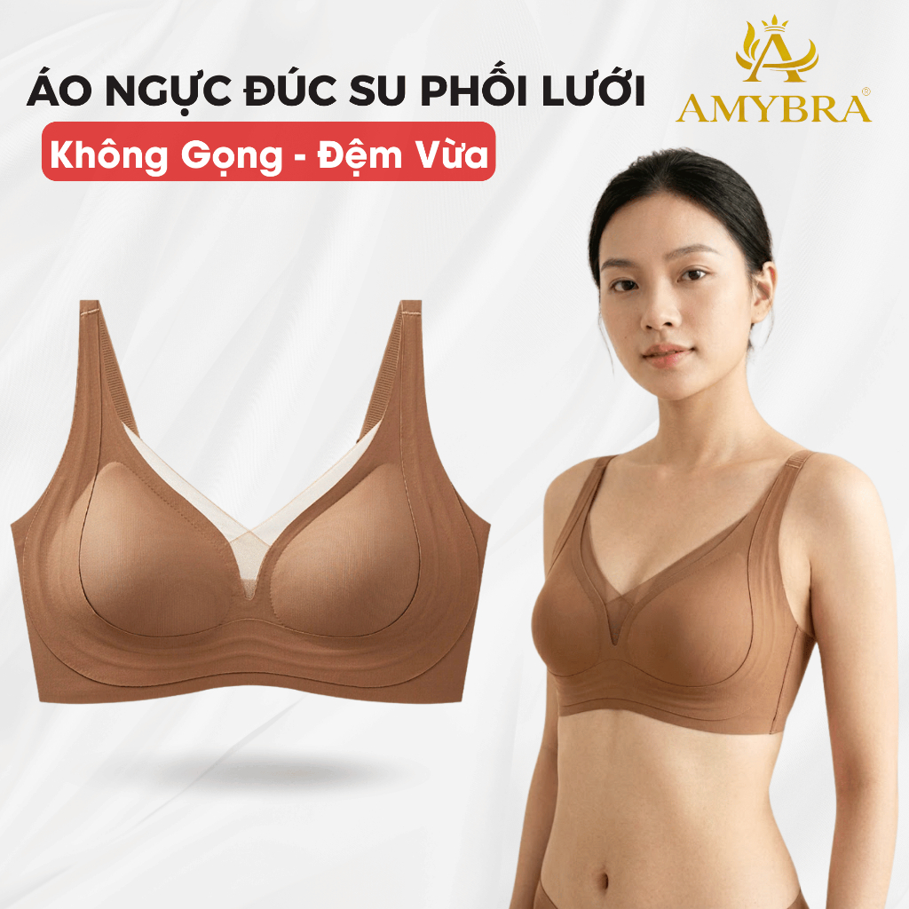 Áo Ngực Nữ Đúc Su Cup V Gom Quả Mềm Mại, Áo Lót Nữ Mút Mỏng Thoáng Khí AMYBRA A2377