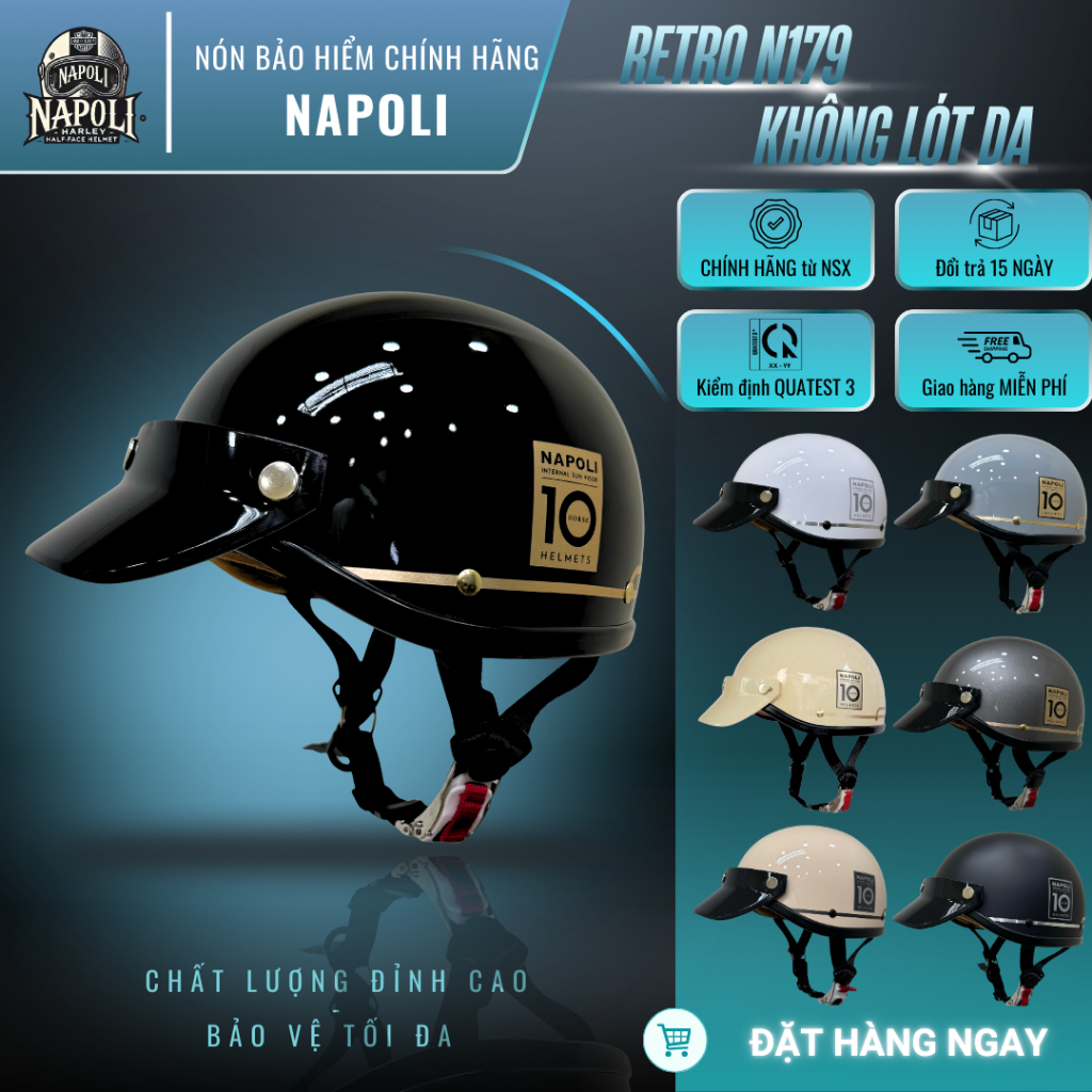 Mũ Bảo Hiểm Napoli N179 Đức Không Lót Da Nửa Đầu CHÍNH HÃNG - FREESHIP - Nón Bảo Hiểm Napoli Retro