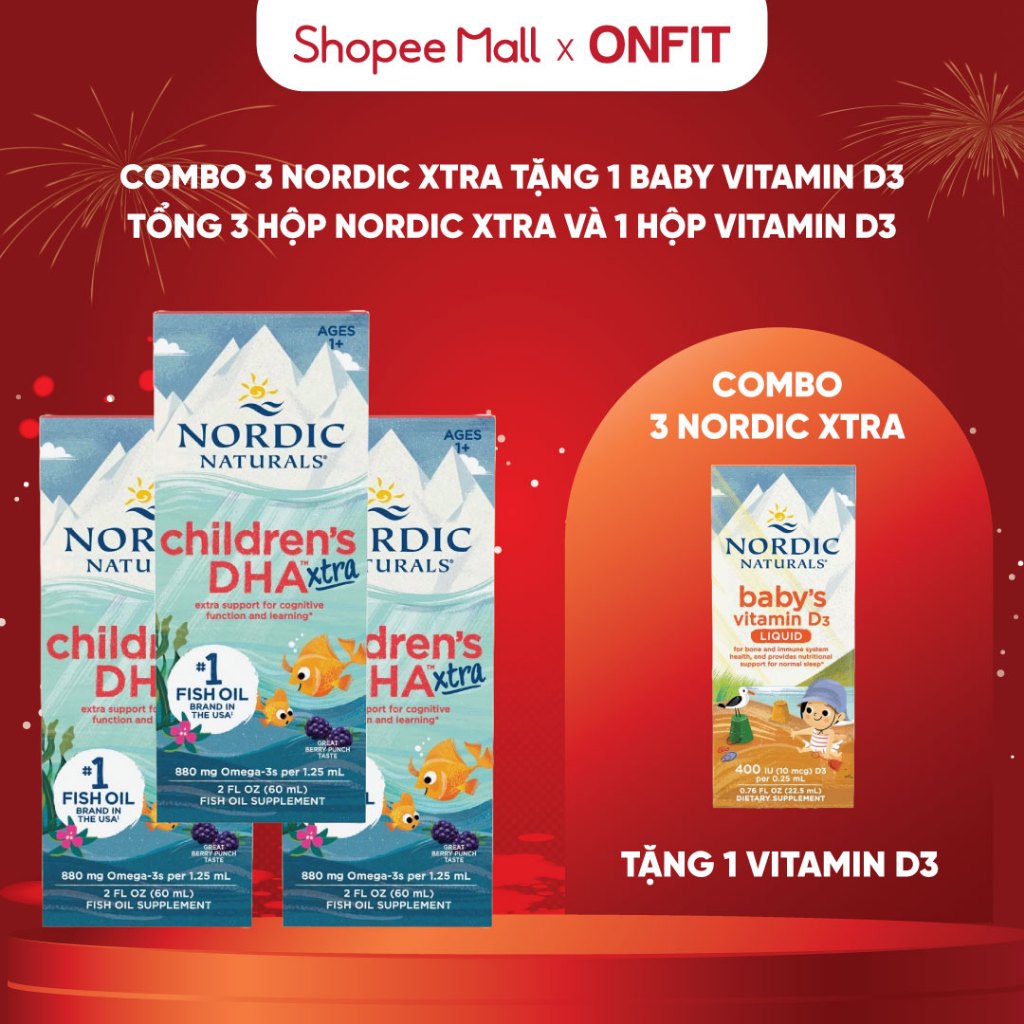 Combo Bé Cao Lớn Thông Minh 3 Hộp Dầu Cá Omega 3 Nordic Naturals DHA Xtra (60ml) Tặng Nordic Baby's 