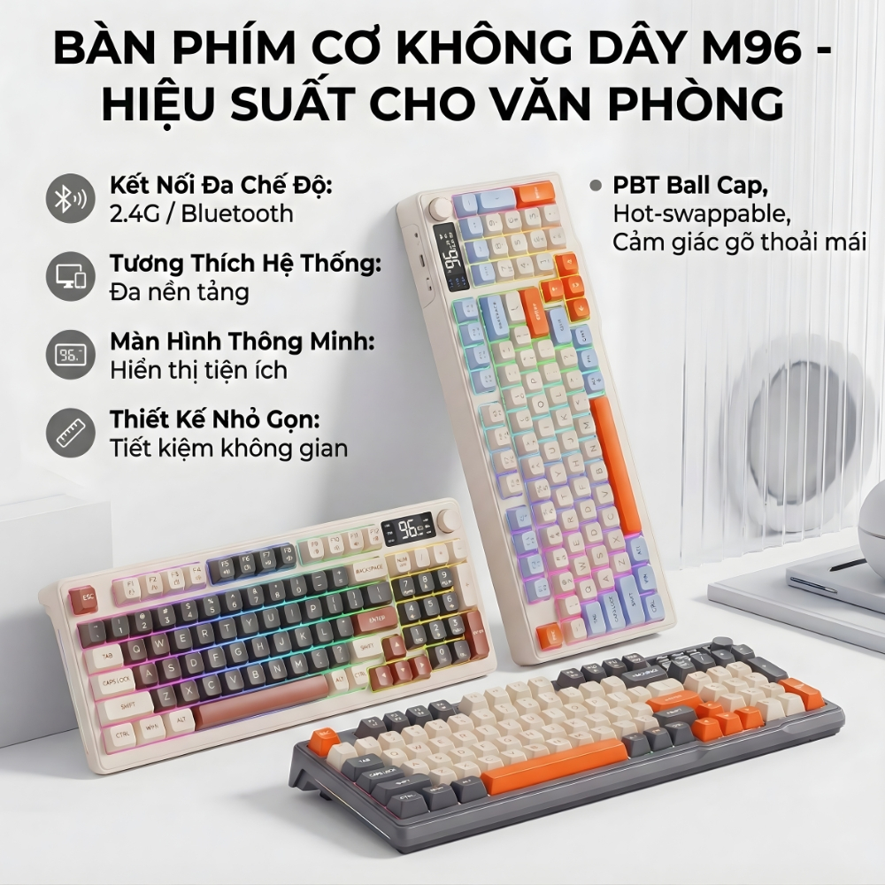Bộ Bàn Phím Không Dây Bluetooth M96 LED 7 Màu Có Màn Hình, 2 Mode, Phím PBT Cao Cấp, Gõ Êm Chống Ồn | BigBuy360 - bigbuy360.vn