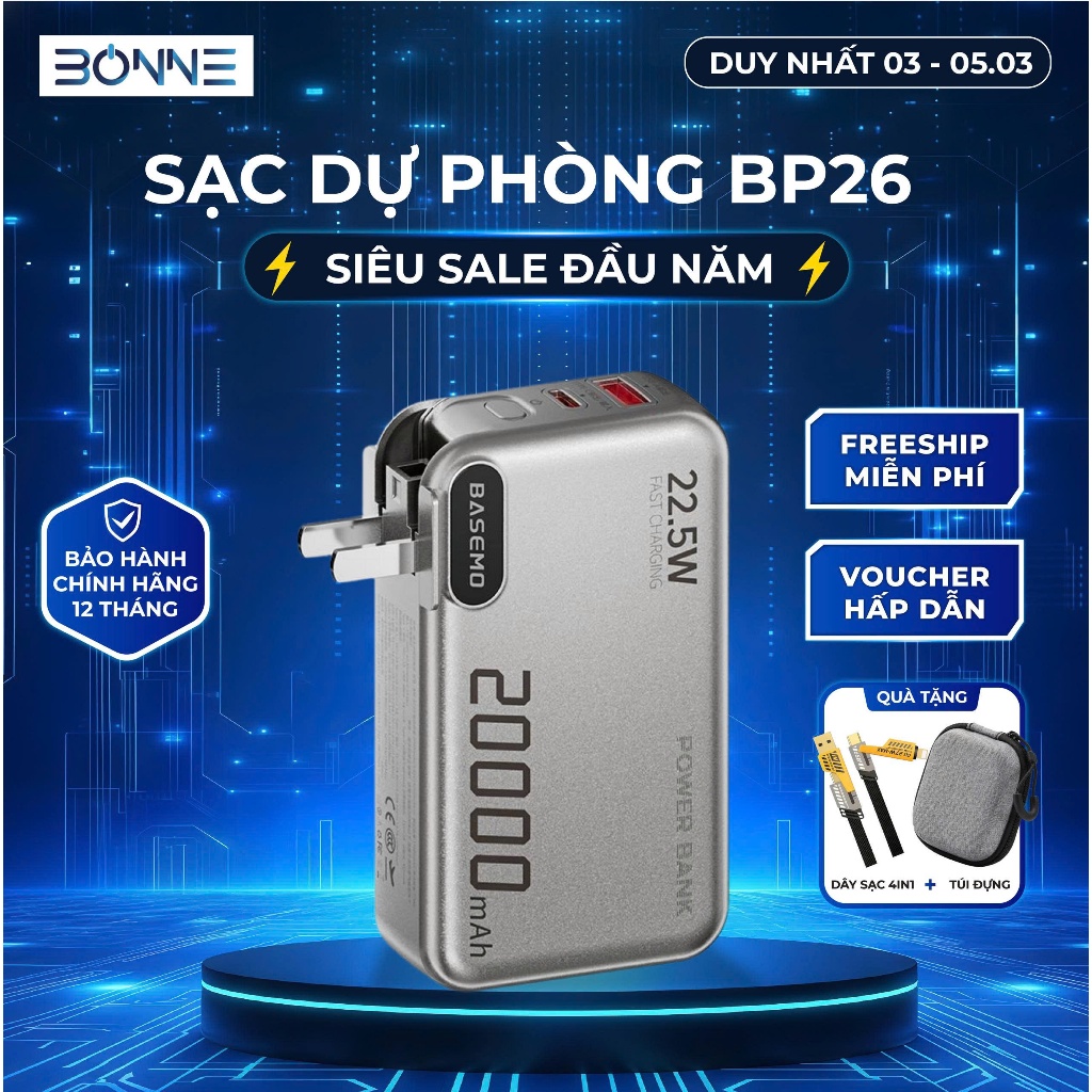 [ĐỘC QUYỀN LIVE] Sạc Dự Phòng BONNE BP26 20000mAh 22.5W – Tích Hợp Dây Sạc & Củ Sạc Nhanh – Sạc PD 2