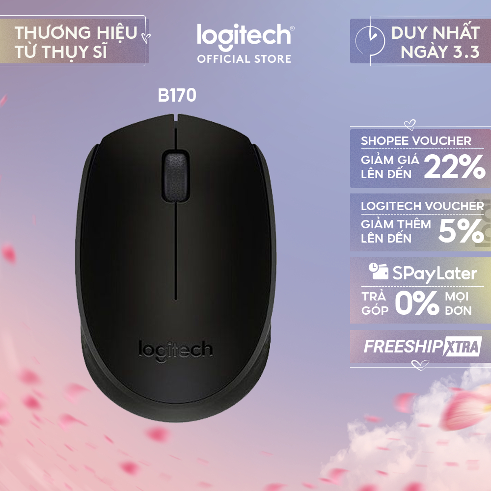 Chuột không dây Logitech B170 - USB, nhỏ gọn, thuận cả 2 tay, phù hợp PC/Laptop