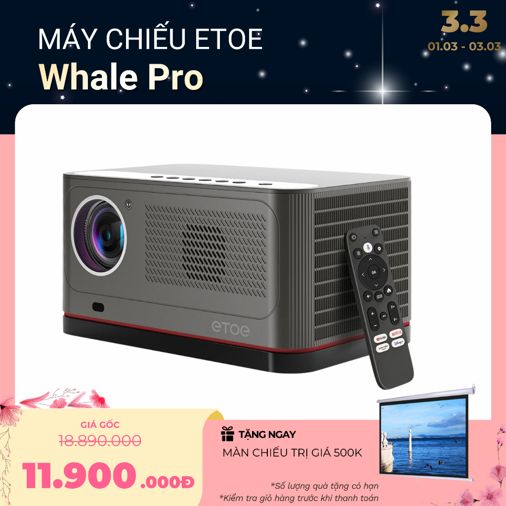 [WinTop VN] Máy chiếu Etoe Whale Pro 4K, 1500 ANSI Lumens - Android V 14.0, Tự động lấy nét & Keystone - A1372