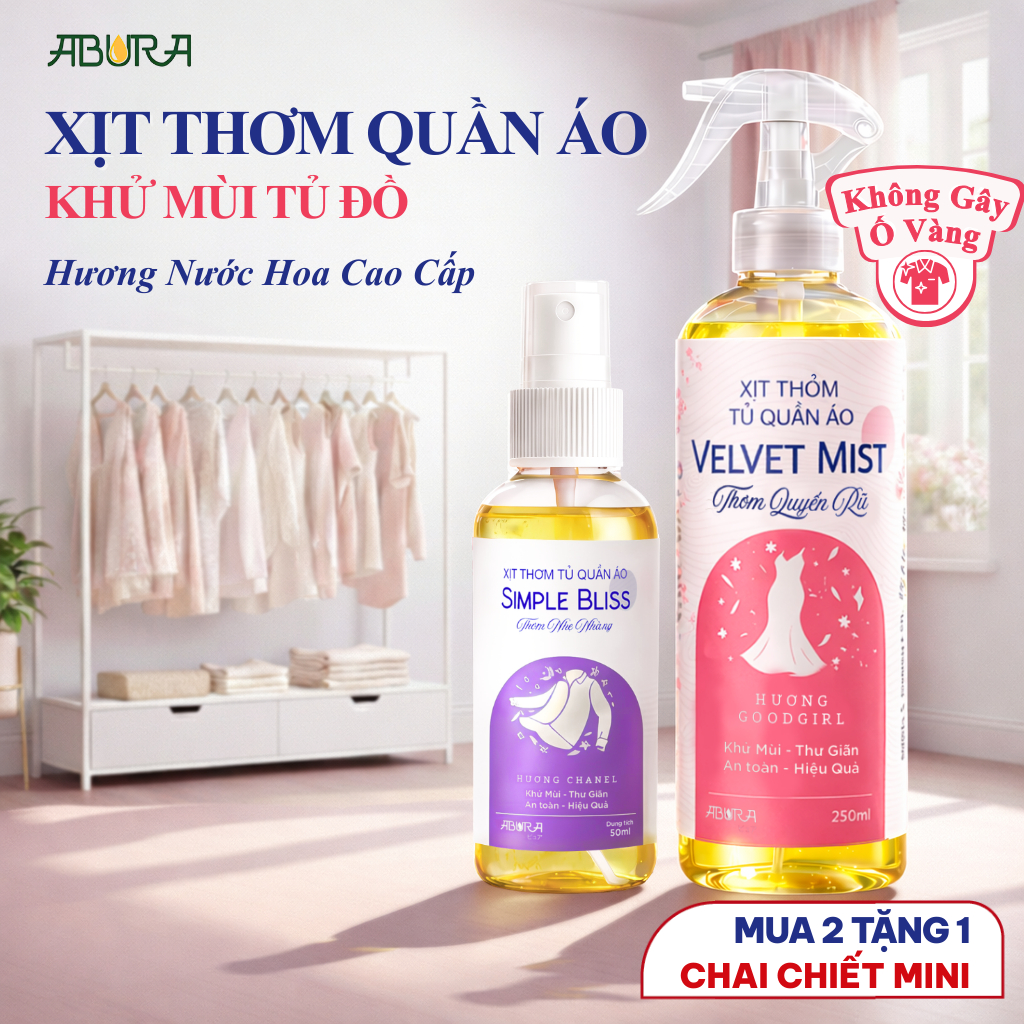 Xịt Thơm Quần Áo Abura [Lưu Hương Nước Hoa] - Tinh Dầu Khử Mùi Ẩm Mốc 280ml (An Toàn Mọi Loại Vải)