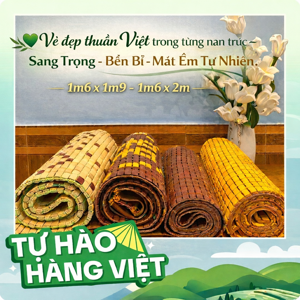 Chiếu trúc Việt Nam size 1m6x1m9, 1m6x2m 100% mắt trúc tự nhiên, Chiếu trúc giúp tuần hoàn máu tốt
