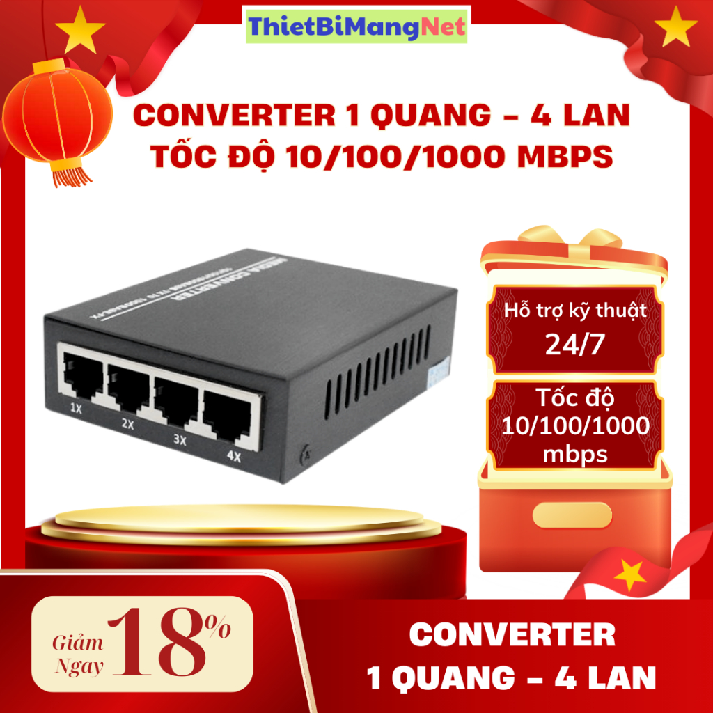 Converter 1 quang - 4 lan tốc độ 10/100/1000 mbps