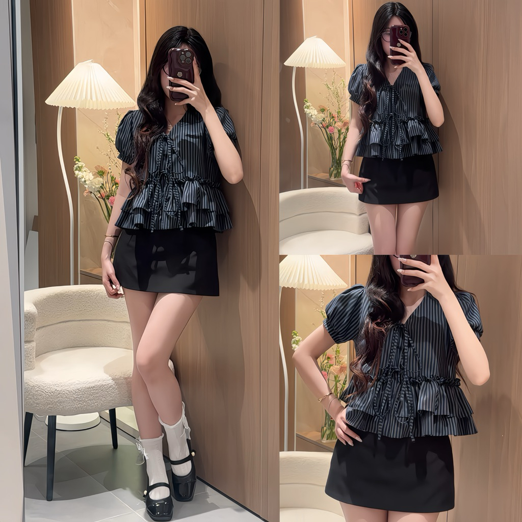Áo Nữ Kiểu Babydoll Croptop Dáng Ngắn Xoè Cổ Buộc Nơ Hàn Quốc Dilyshop - A137