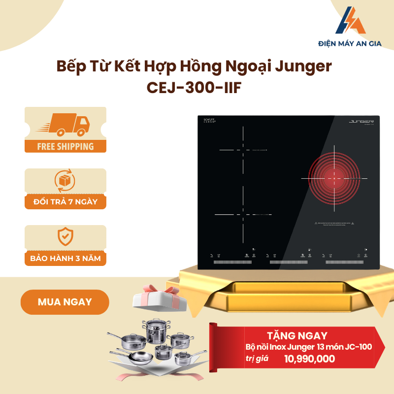 Bếp Từ Hồng Ngoại 3 Vùng Nấu Junger CEJ-300-IIF - Lắp Âm - Tiết Kiệm Điện - Hẹn Giờ- PEB