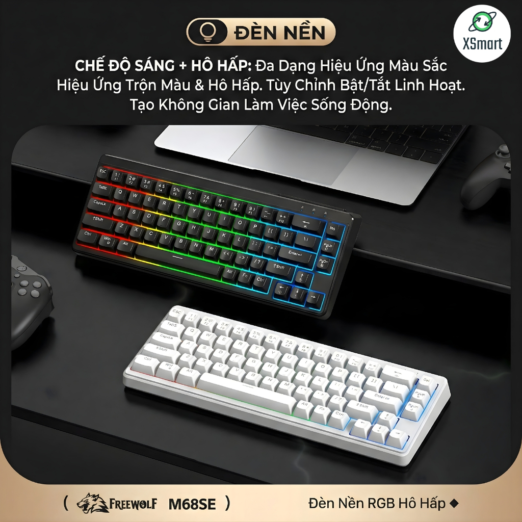 Bàn Phím Văn Phòng Gaming FreeWolf M68SE Led 7 Màu, Layout 68 Phím, Keycap ABS, Gõ Êm Giảm Ồn Cho PC | BigBuy360 - bigbuy360.vn