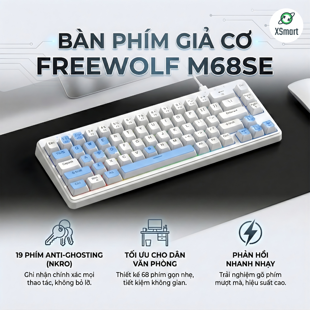 Bàn Phím Văn Phòng Gaming FreeWolf M68SE Led 7 Màu, Layout 68 Phím, Keycap ABS, Gõ Êm Giảm Ồn Cho PC | BigBuy360 - bigbuy360.vn