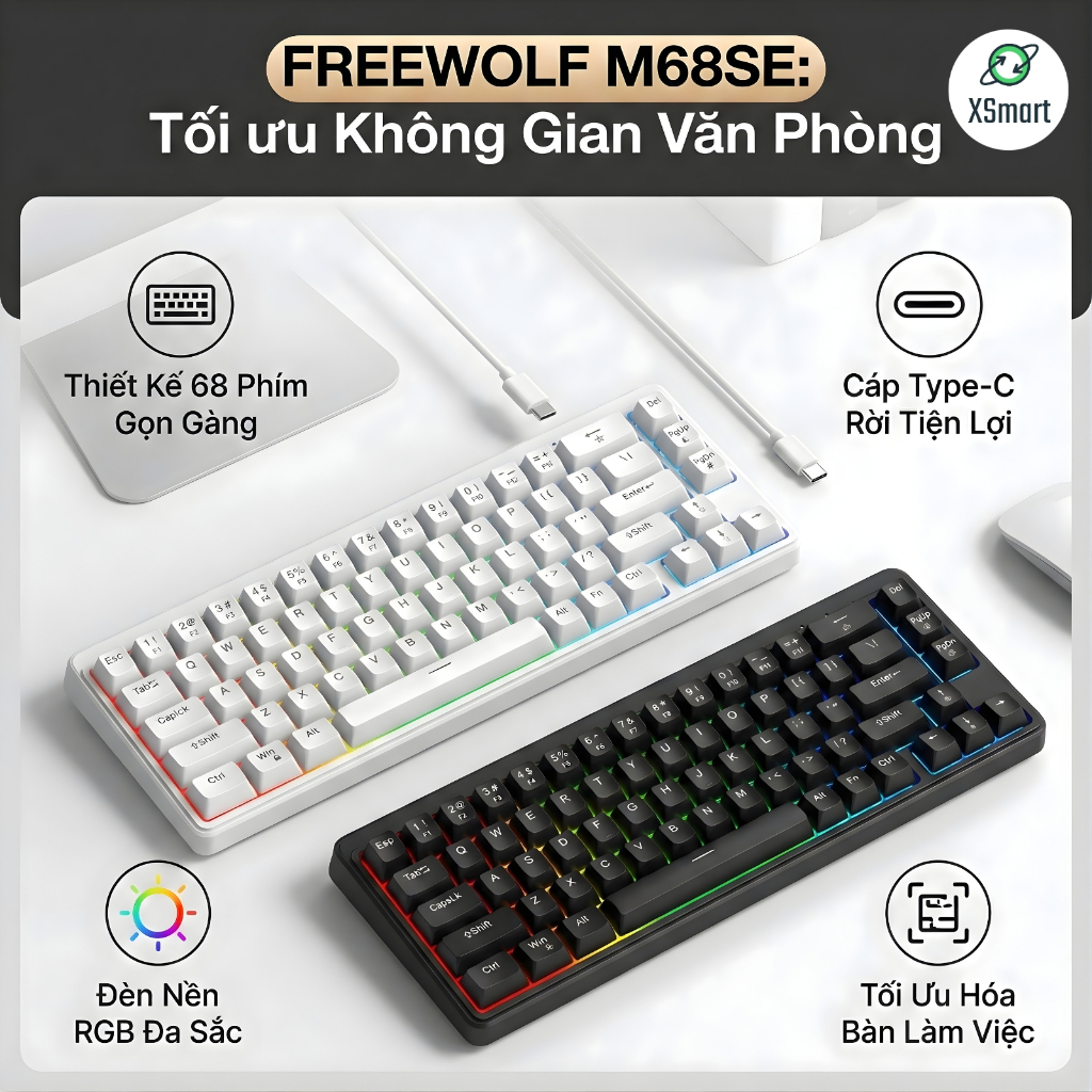 Bàn Phím Văn Phòng Gaming FreeWolf M68SE Led 7 Màu, Layout 68 Phím, Keycap ABS, Gõ Êm Giảm Ồn Cho PC | BigBuy360 - bigbuy360.vn