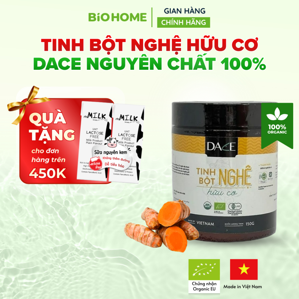 Tinh bột nghệ hữu cơ Dace 150g - Nghệ nếp Cao Bằng, nguyên chất, dễ uống, mịn thơm, chuẩn USDA, EU, JAS Organic