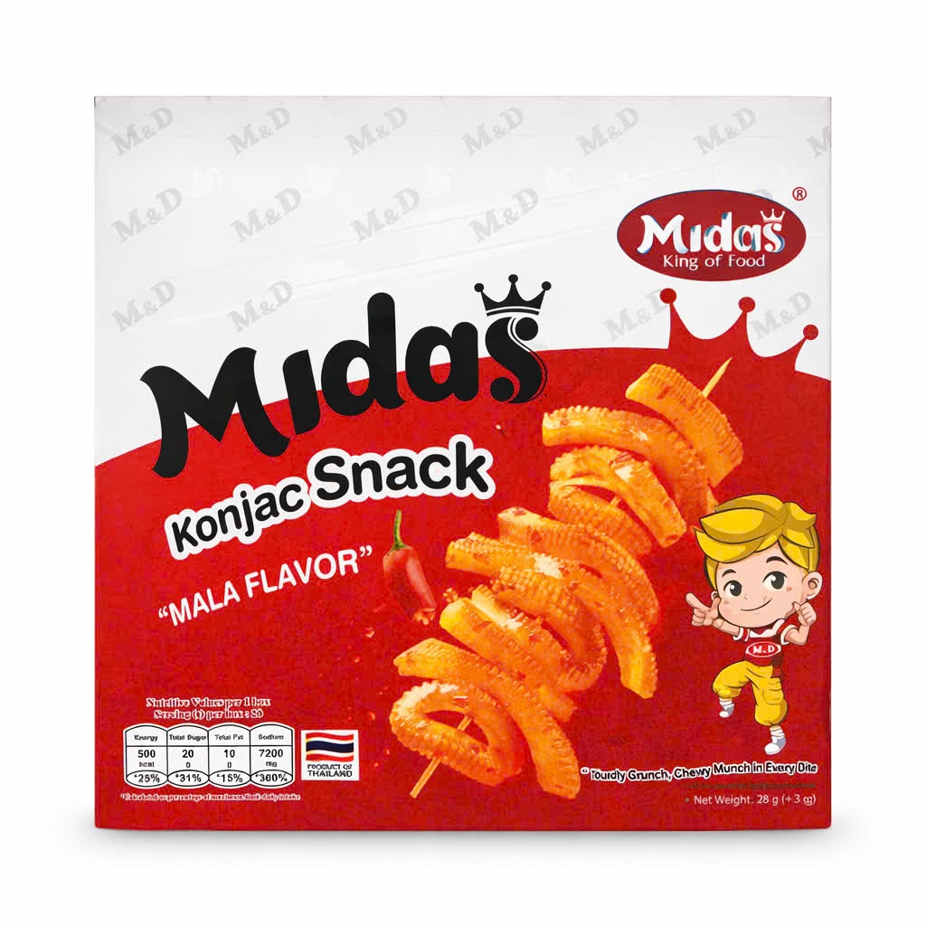 Râu Mực MIDAS Thái Lan Vị Tê cay, Hộp 20 Gói Snack Khoai Nưa Cay Giòn
