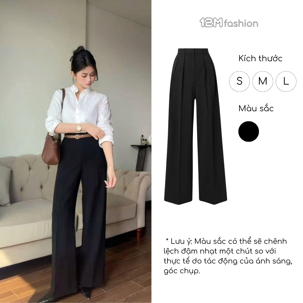 Quần tây nữ ống rộng lưng cao 1 nút dáng suông màu đen đi học đi làm _ 12M fashion