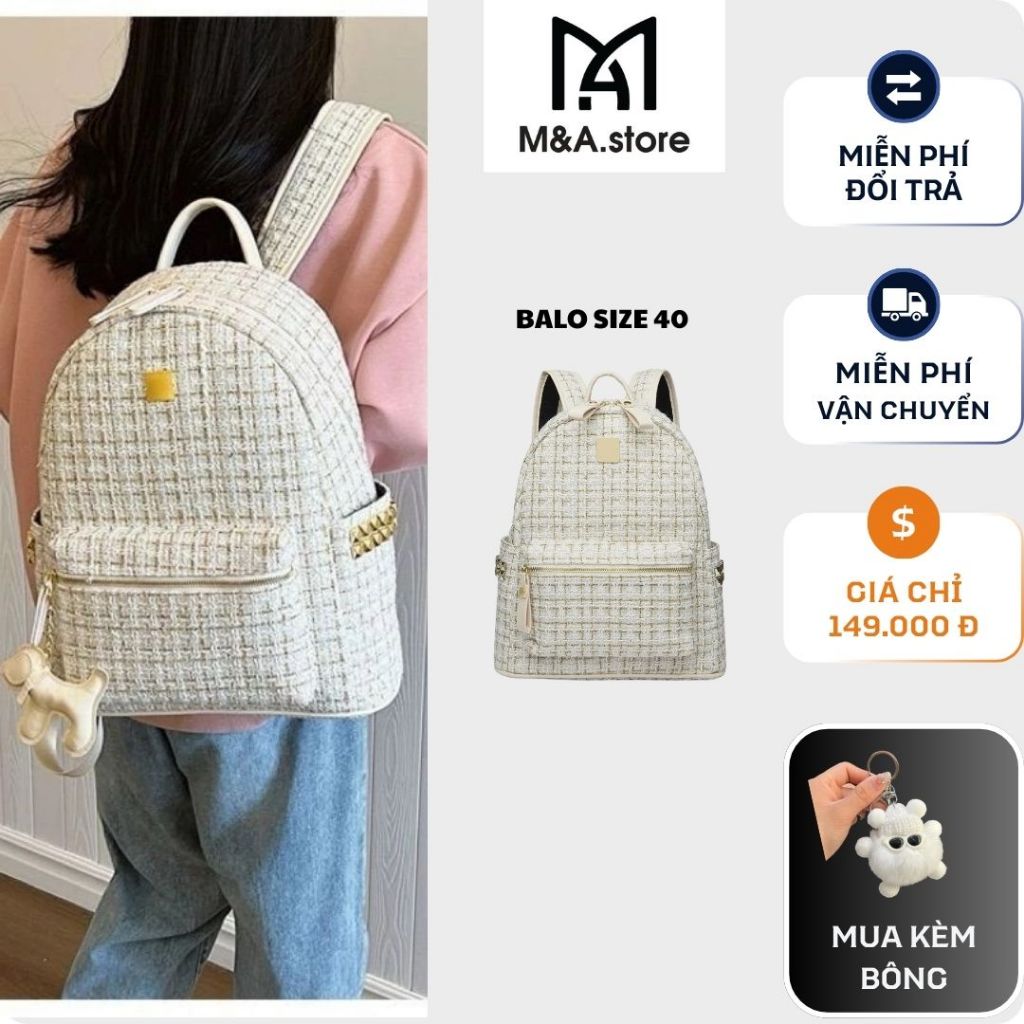 M&A - Balo vải dạ kim tuyến kèm móc cún size 40 vừa A4 laptop 14in phong cách hàn quốc BL01