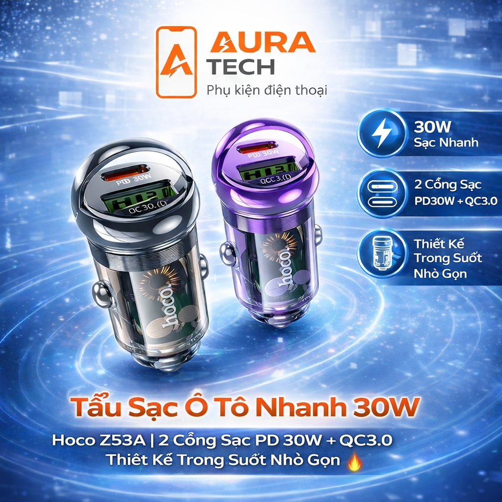 [Tẩu Sạc Ô Tô Nhanh 30W Hoco Z53A | 2 Cổng Sạc PD 30W + QC3.0 | Thiết Kế Trong Suốt Nhỏ Gọn]
