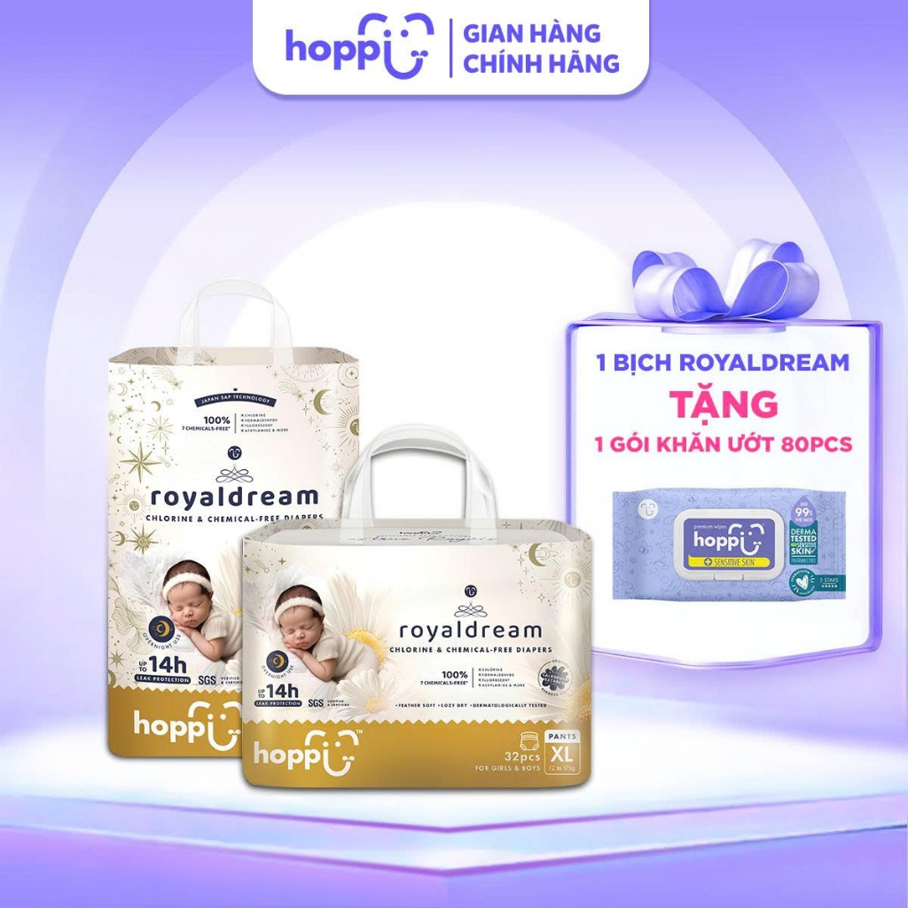 [ DEAL HOT ] Bỉm - Tã Hoppi RoyalDream cao cấp, thấm hút 14 giờ, an toàn cho bé (đủ các size cho bé)