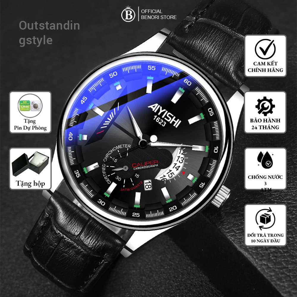 Đồng hồ nam AIYISHI máy pin cao cấp dây da chống nước 3ATM có lịch ngày kim dạ quang sang trọng MÃ D