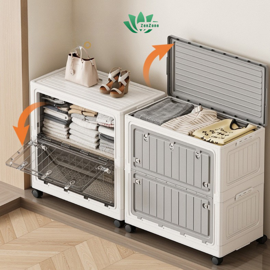 Zenzone Hộp Nhựa Đựng Đồ Đa Năng Lên Đến 155L, Thùng Đựng Đa Năng Gấp Gọn Có Nắp Đậy, Cửa Trong Suốt