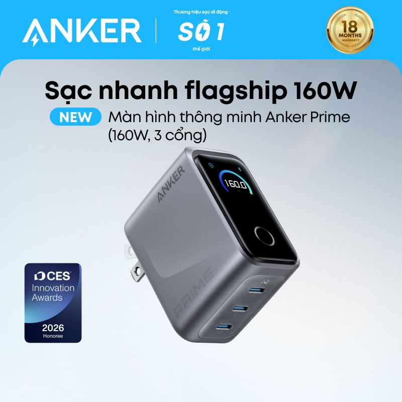 Củ sạc nhanh Anker Prime 160W | 3 cổng USB-C | Màn hình cảm ứng thông minh | Hỗ trợ App | Sạc nhanh 
