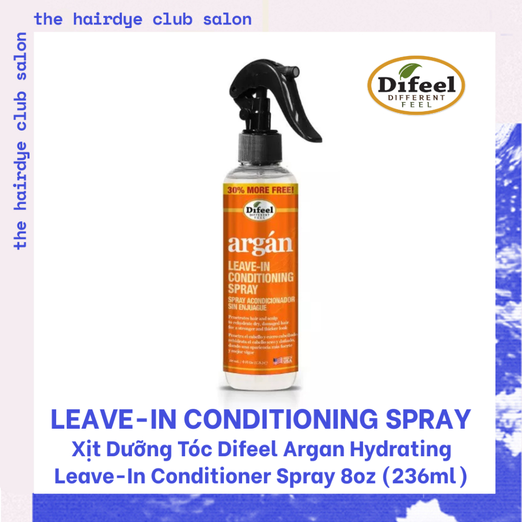 Xịt Dưỡng Tóc Difeel Argan Hydrating Leave-In Conditioner Spray 8oz (236ml) – Cấp Ẩm, Gỡ Rối, Bảo Vệ